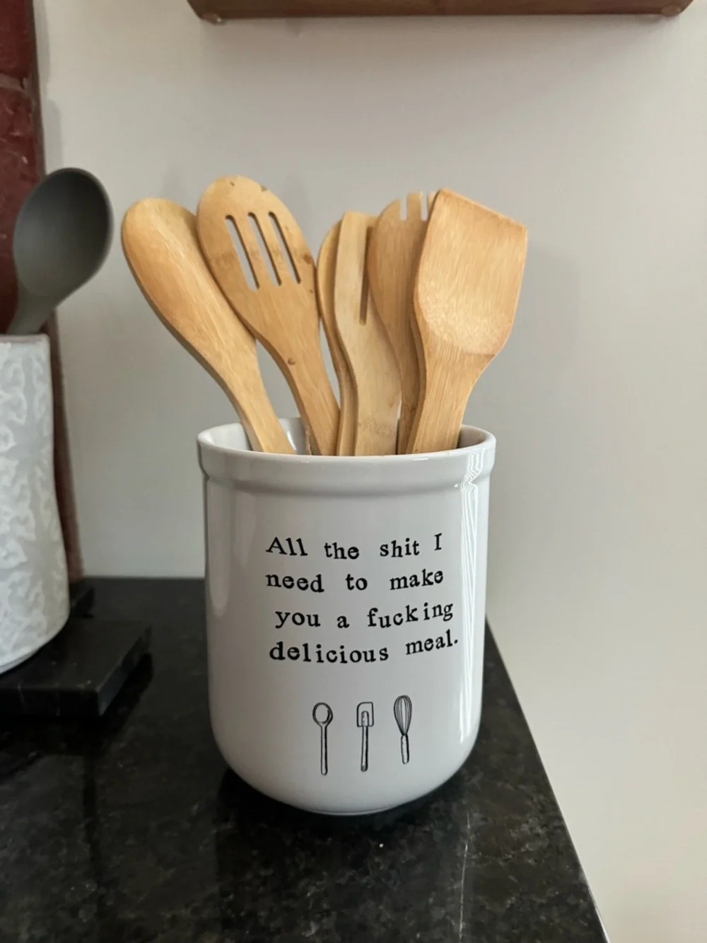 Ceramic Utensil Crock - White Kitchen Holder with Humorous Text